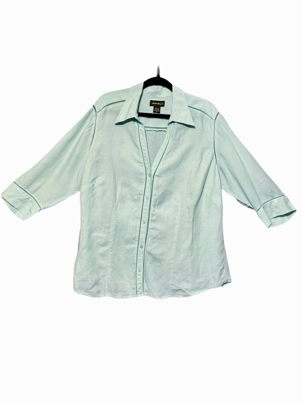 Eddie Bauer 100% Linen Light Blue 3/4 Length Button Front V Neck Collared Blouse - Picture 3 of 11